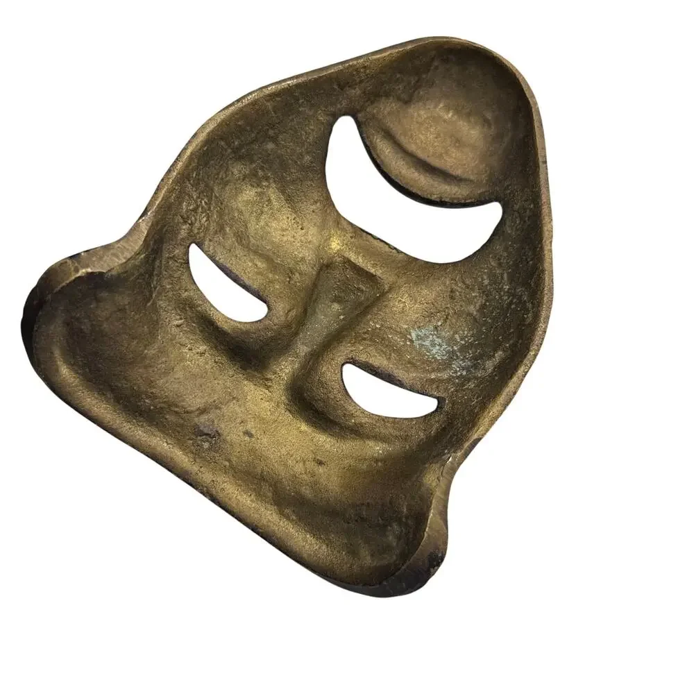 Vintage Brass Wall Mask Black Gold Tribal Face Art Decor Metal Sculpture Painted